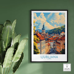 Ljubljana Travel Poster showcasing the charming architecture and vibrant culture of Slovenia's capital city.