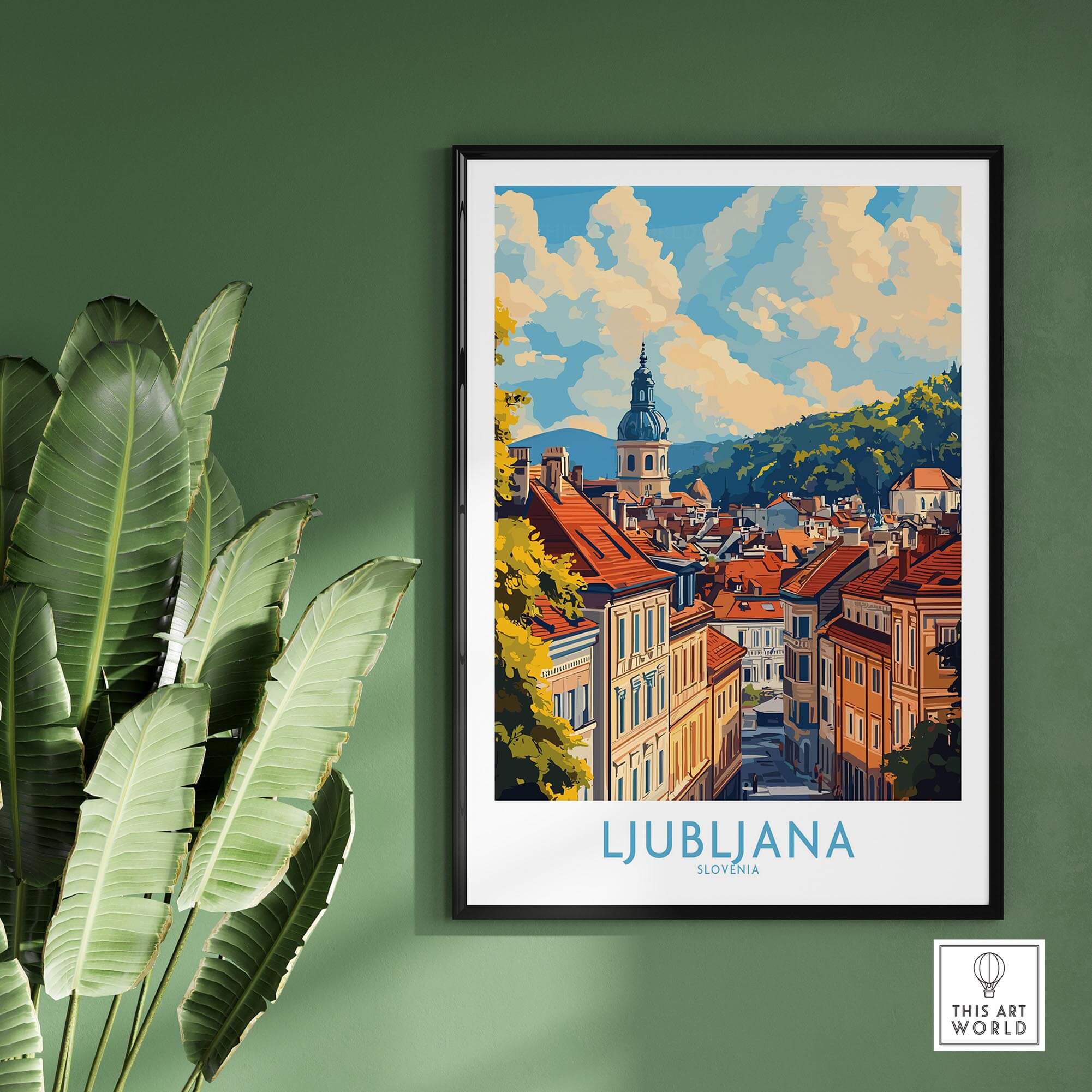 Ljubljana Travel Poster showcasing the charming architecture and vibrant culture of Slovenia's capital city.