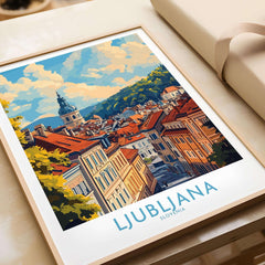 Ljubljana Travel Poster showcasing the picturesque cityscape of Ljubljana, Slovenia in vibrant colors and detail.
