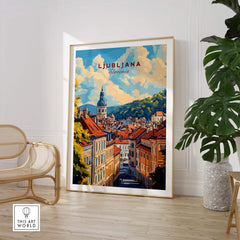 Ljubljana Travel Print featuring an illustration of the charming streets and sites of Ljubljana, Slovenia, in a stylish frame.