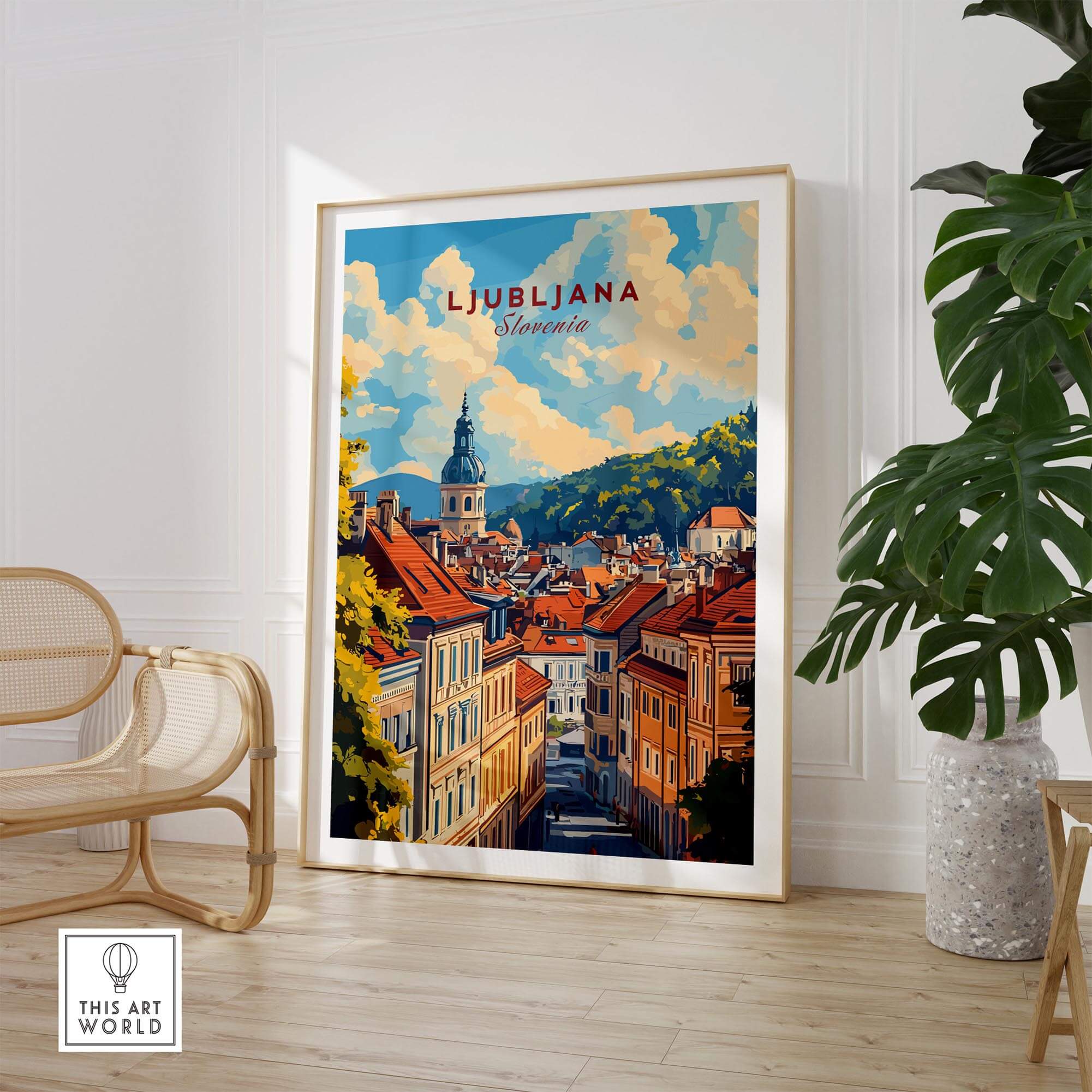 Ljubljana Travel Print featuring an illustration of the charming streets and sites of Ljubljana, Slovenia, in a stylish frame.