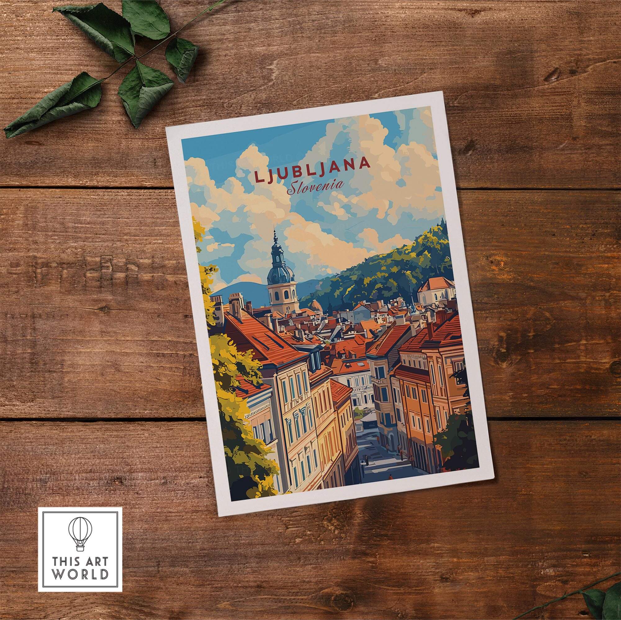 Ljubljana Travel Print showcasing the beautiful streets and buildings of Slovenia in a vibrant illustration.
