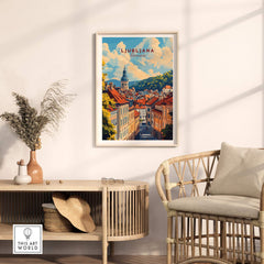 Ljubljana Travel Print featuring a colorful illustration of Ljubljana's charming streets and scenic views.