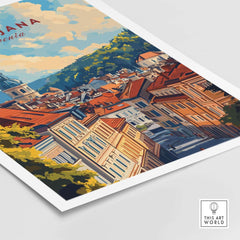 Ljubljana Travel Print showcasing colorful rooftops and charming streets of Slovenia in vibrant illustration.