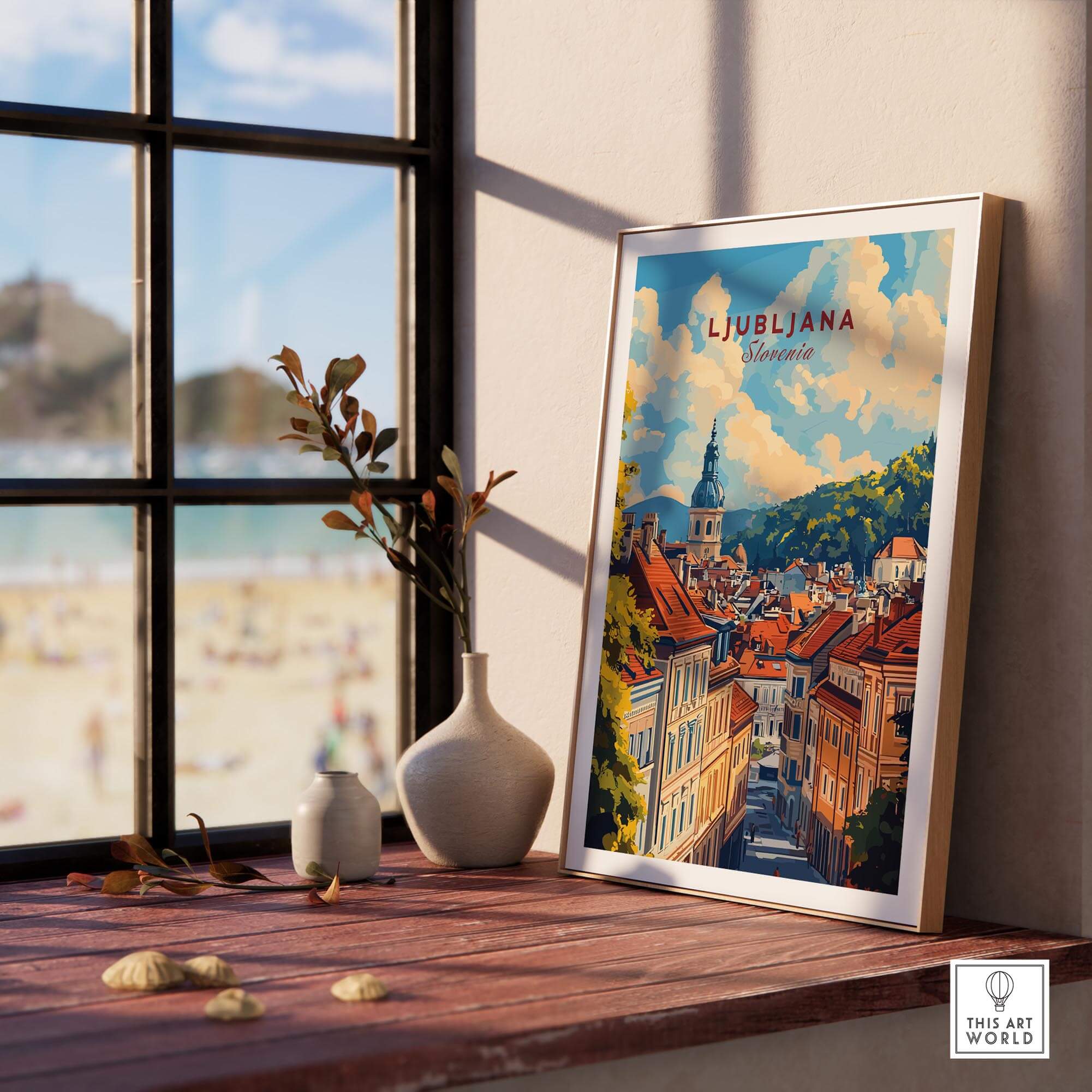 Ljubljana Travel Print showcasing the stunning skyline and charm of Ljubljana, Slovenia in a beautiful illustration.