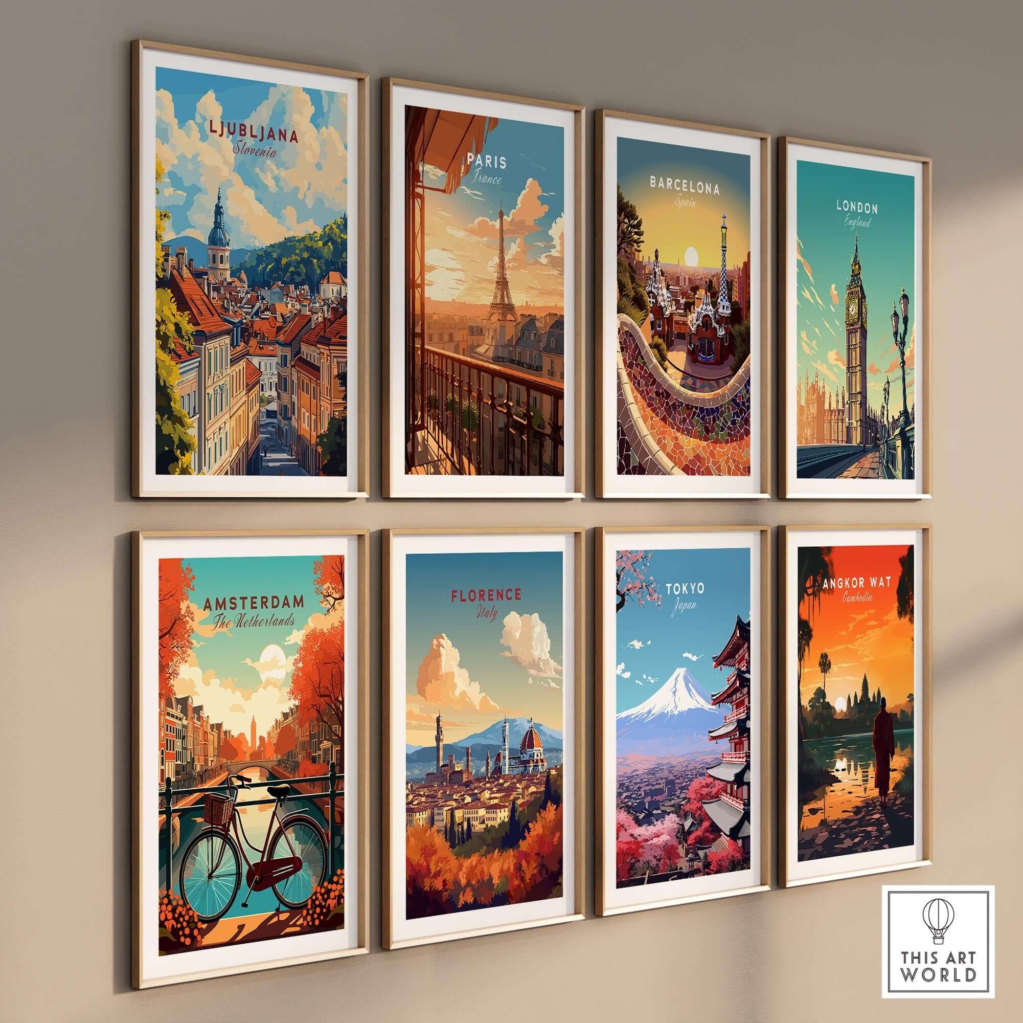 Ljubljana Travel Print along with other city travel prints, showcasing various iconic landmarks and scenic views.