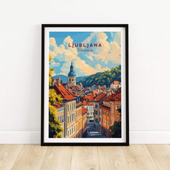 Ljubljana Travel Print showcasing a beautiful view of Slovenia's charming streets and historic architecture.