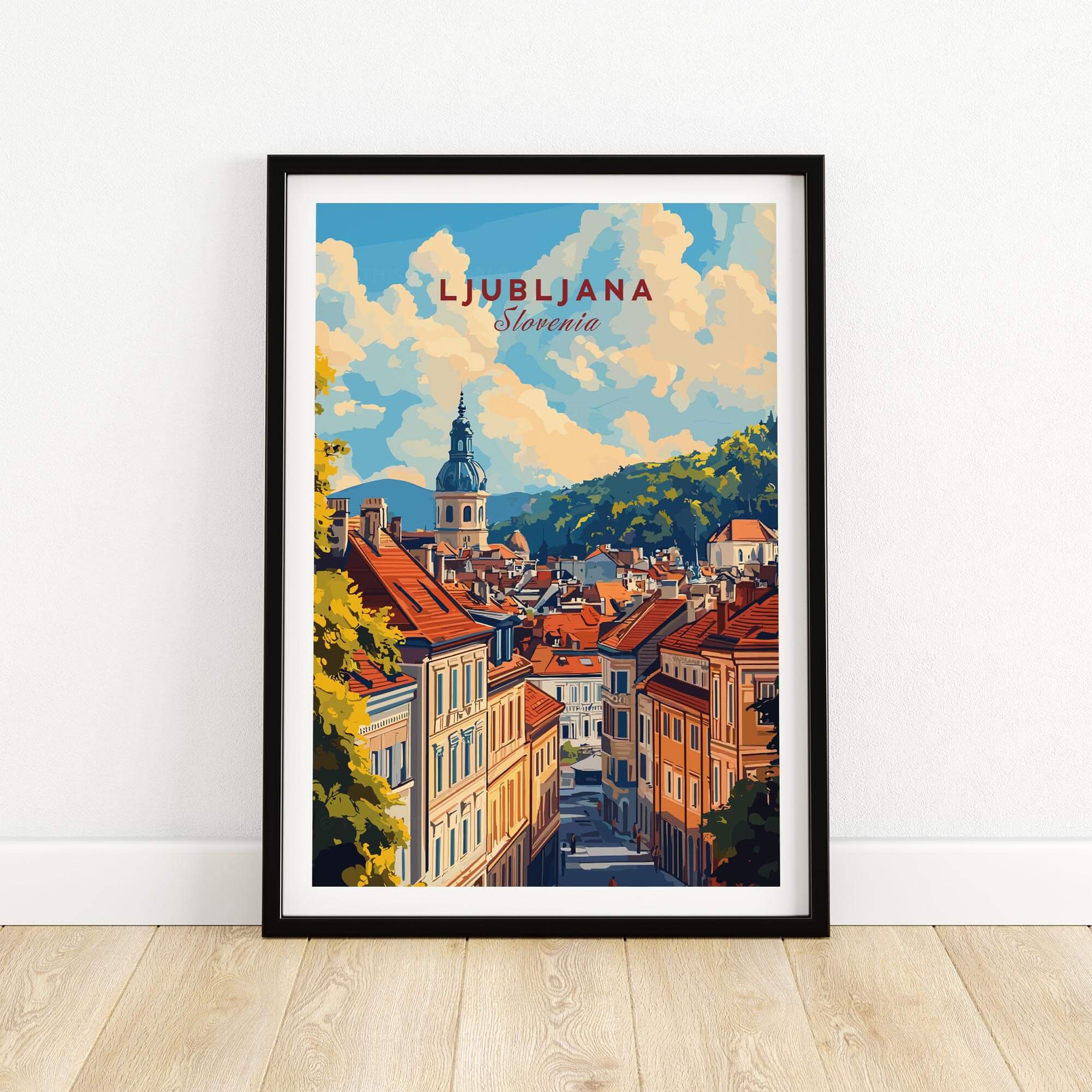 Ljubljana Travel Print showcasing a beautiful view of Slovenia's charming streets and historic architecture.