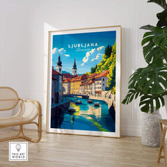 Ljubljana Wall Art featuring vibrant colors of Ljubljana, Slovenia, displayed in a stylish home setting.
