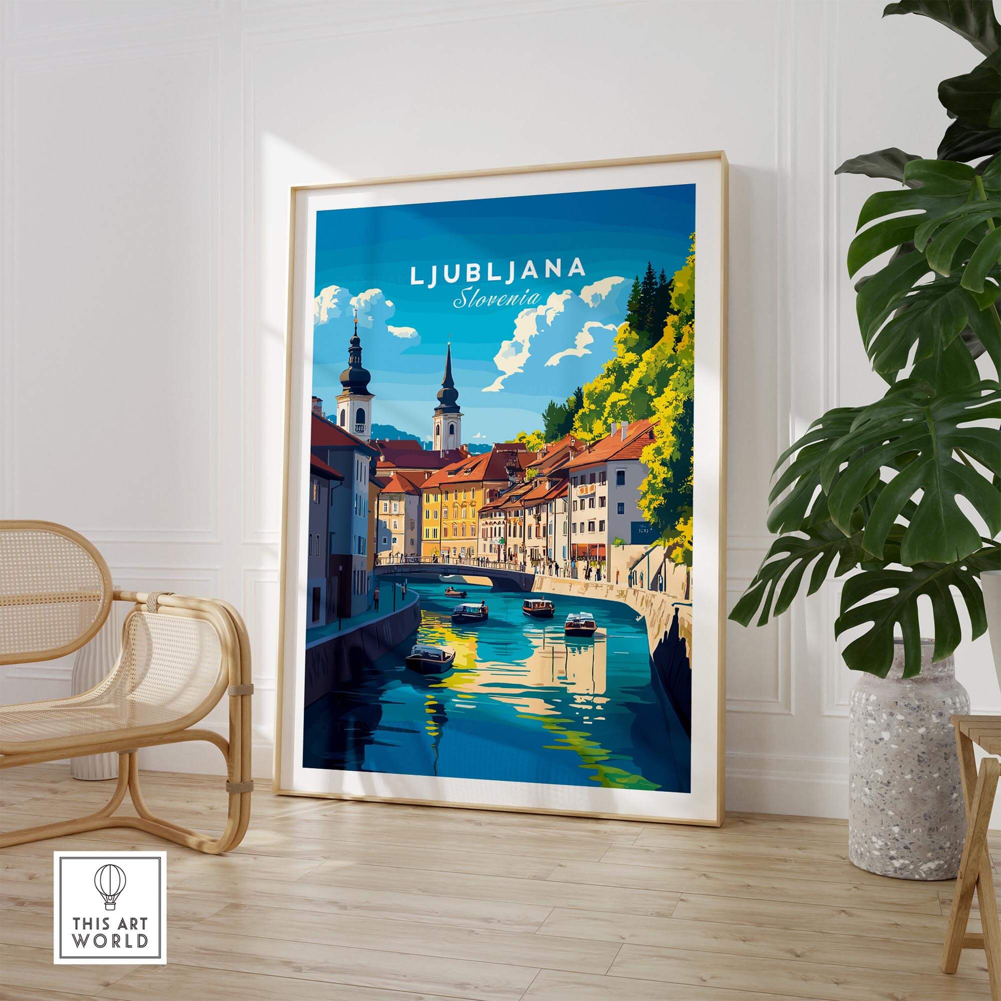 Ljubljana Wall Art featuring vibrant colors of Ljubljana, Slovenia, displayed in a stylish home setting.