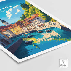 Ljubljana Wall Art featuring vibrant river scene with boats and colorful buildings, capturing the beauty of Slovenia's capital.