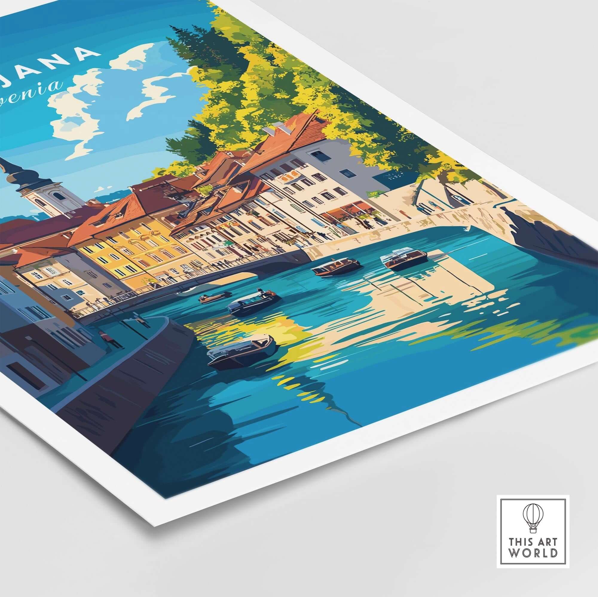 Ljubljana Wall Art featuring vibrant river scene with boats and colorful buildings, capturing the beauty of Slovenia's capital.