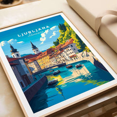 Ljubljana Wall Art featuring a picturesque view of Slovenia's capital with vibrant colors and charming architecture.