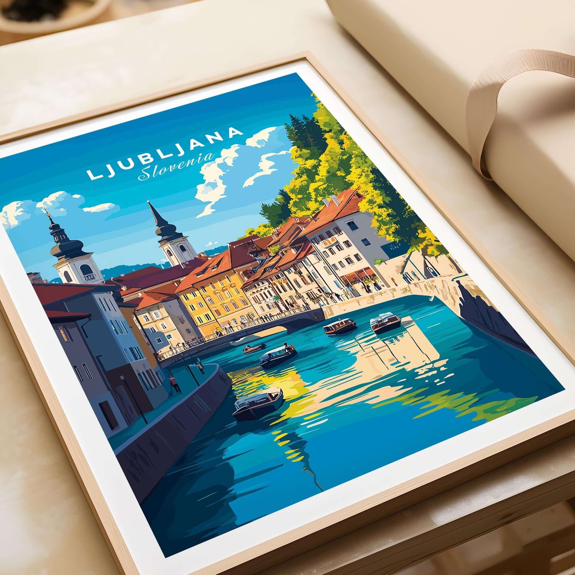 Ljubljana Wall Art featuring a picturesque view of Slovenia's capital with vibrant colors and charming architecture.
