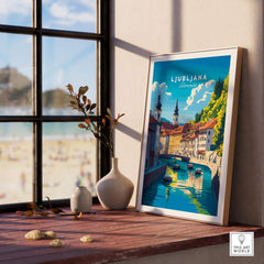 Ljubljana Wall Art showcasing vibrant colors of Slovenia's capital in a beautifully framed poster.