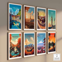 Ljubljana Wall Art featuring vibrant cityscapes and travel posters of popular destinations.