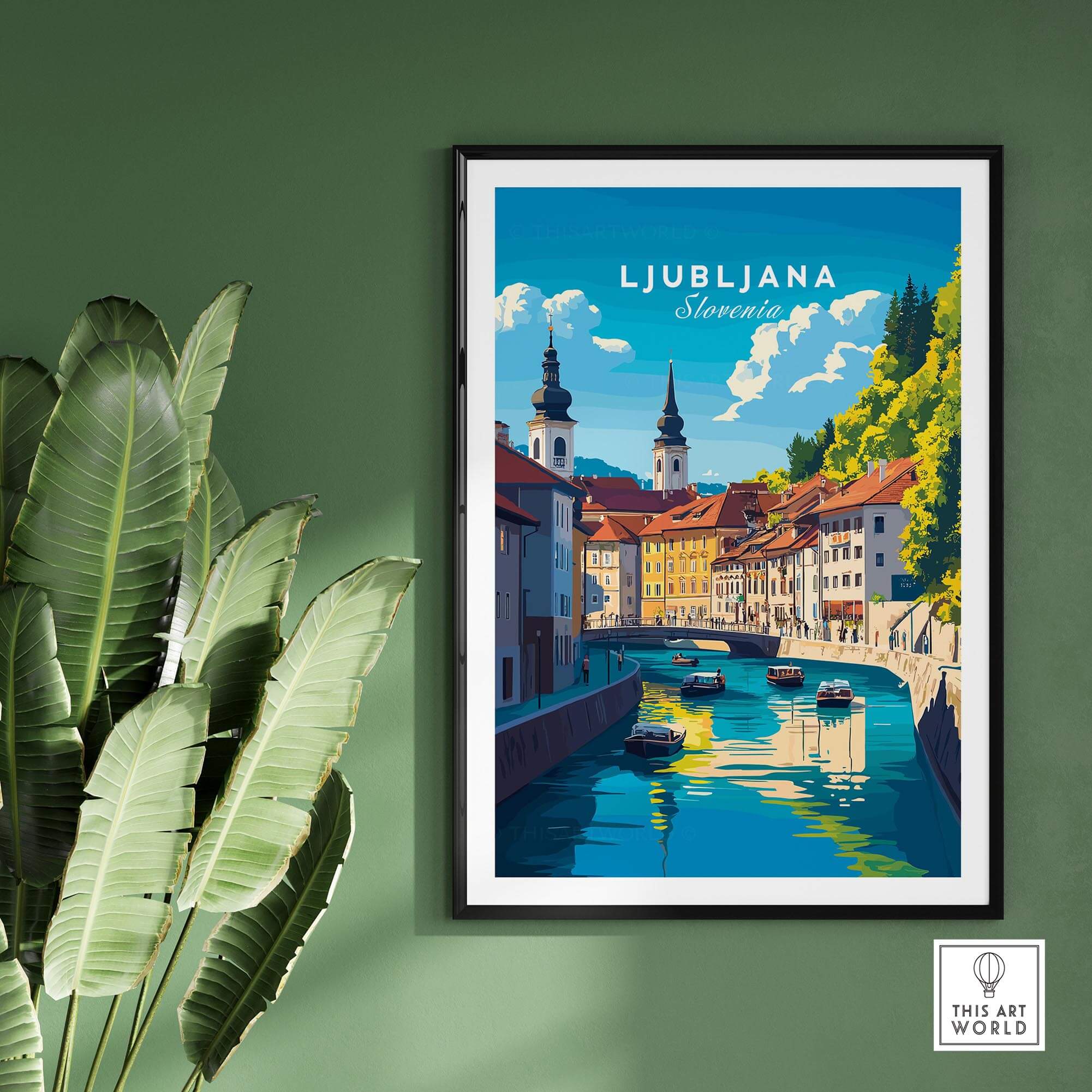Ljubljana Wall Art featuring a vibrant travel poster of Slovenia's capital city.