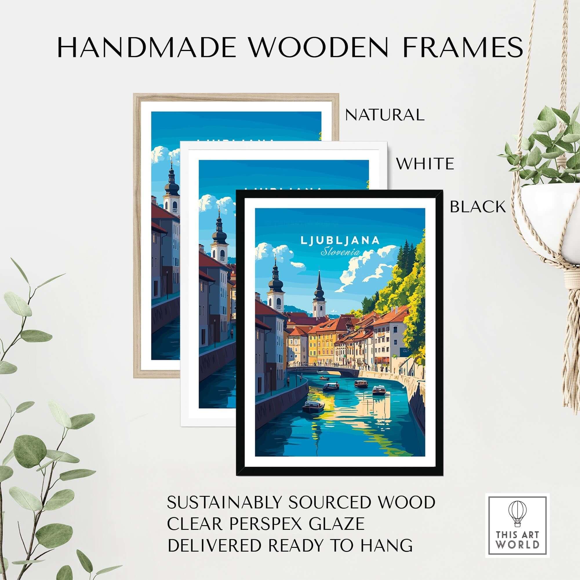 Ljubljana Wall Art displayed in handmade wooden frames, available in natural, white, and black, perfect for home decor.