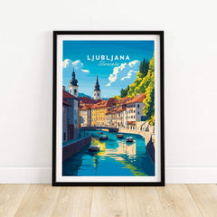 Ljubljana Wall Art featuring the scenic river and buildings of Slovenia's capital city.