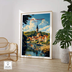 Loire Valley France Travel Print showcasing a scenic landscape with charming buildings by a river.