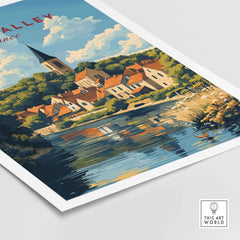 Loire Valley France Travel Print depicting a scenic village by the river with lush greenery and a blue sky.