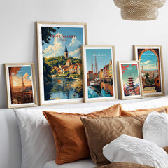 Loire Valley France Travel Print among other travel prints displayed in a cozy living room setting.