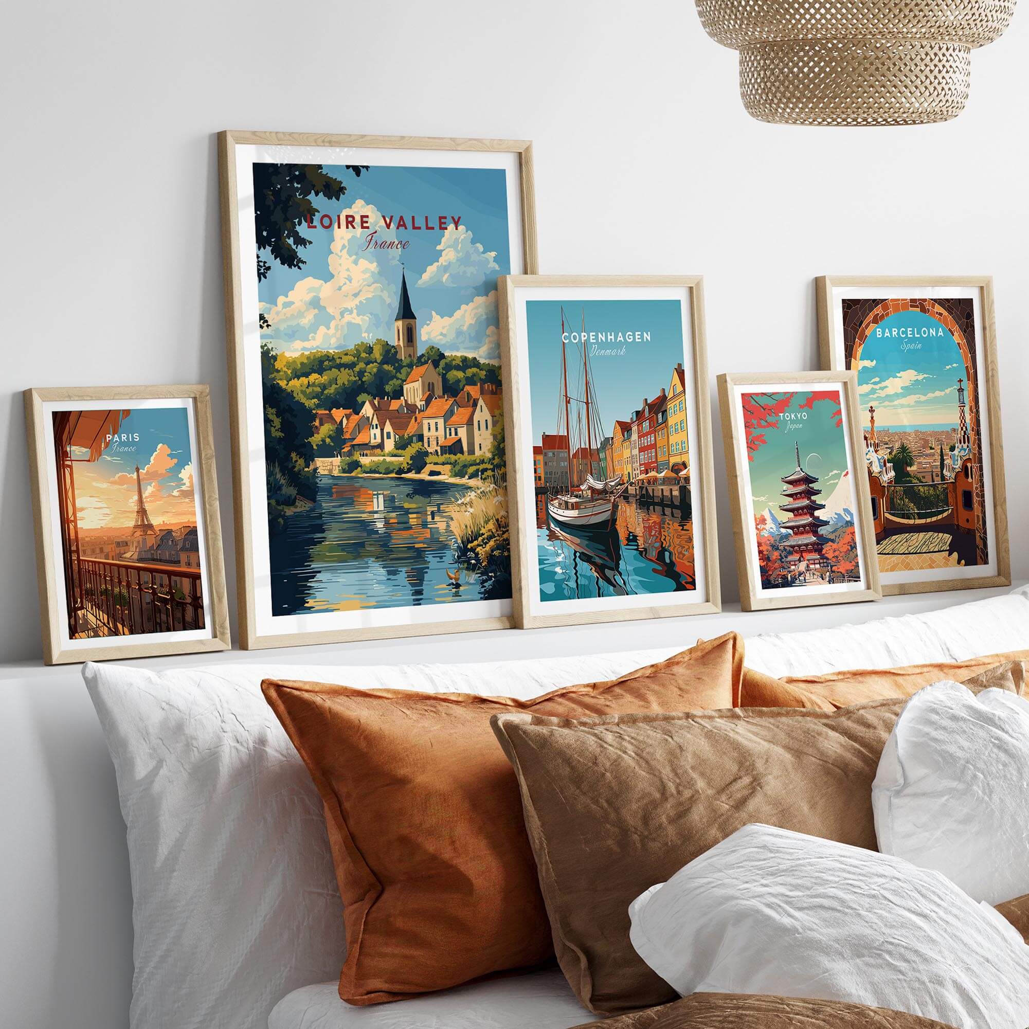 Loire Valley France Travel Print among other travel prints displayed in a cozy living room setting.