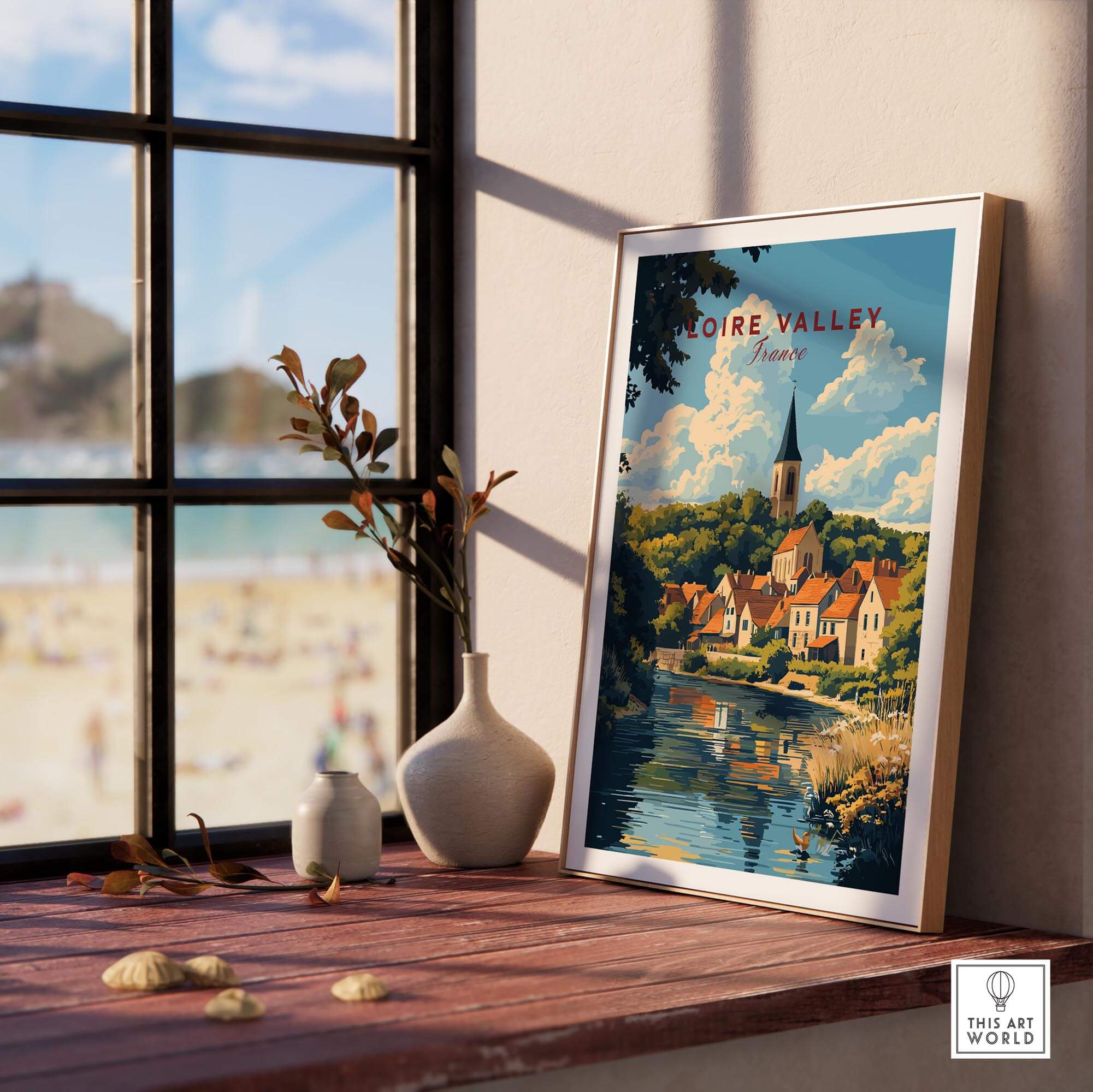 Loire Valley France Travel Print showcased in a stylish interior setting with a scenic view outside.
