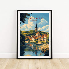 Loire Valley France Travel Print showcasing picturesque village and river scenery.