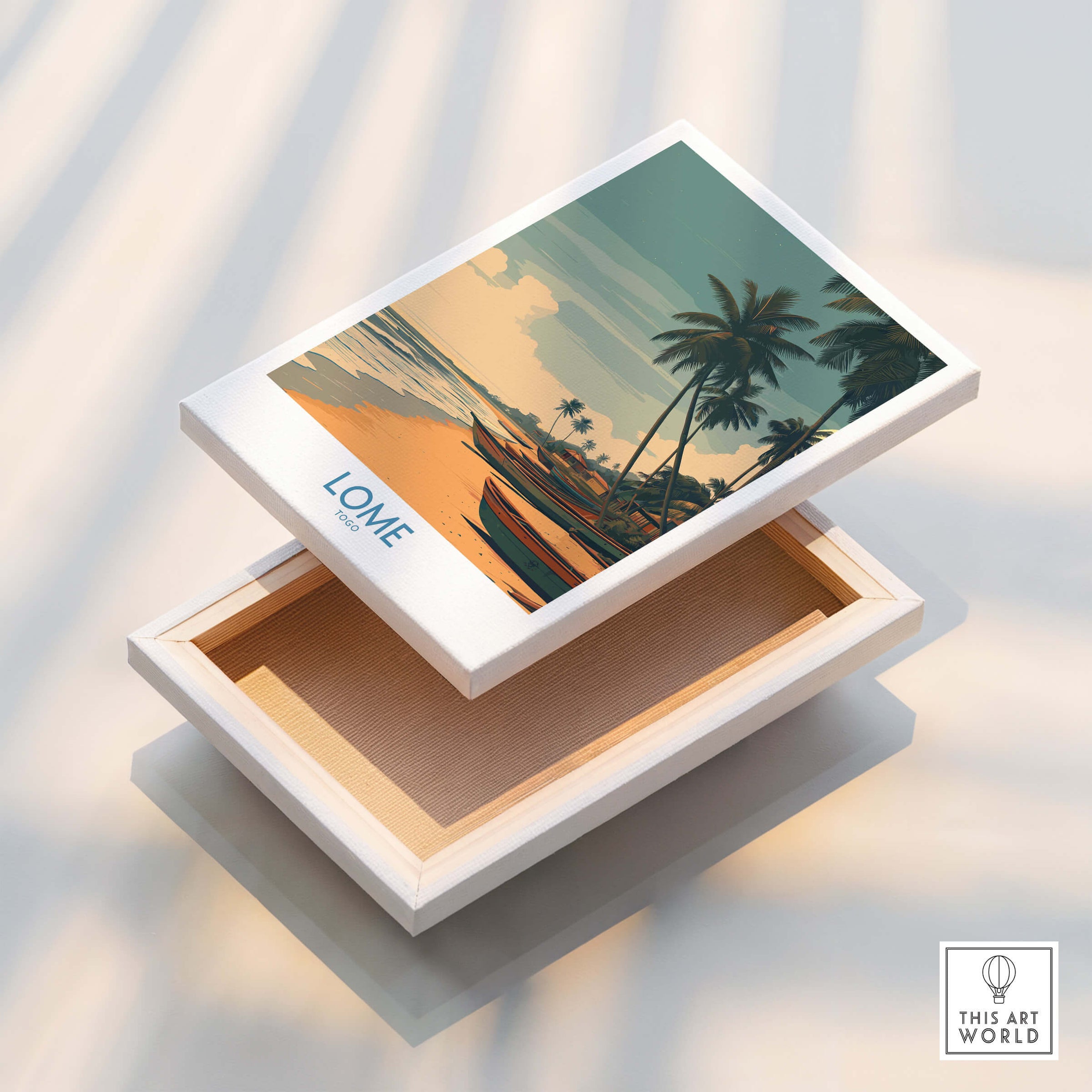 Lomé Togo Canvas Print | Palm Trees & Ocean View Poster in a decorative box, showcasing tropical coastline artwork.