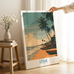 Lomé Togo Canvas Print | Palm Trees & Ocean View Poster depicting a serene beach scene with palm trees and boats.