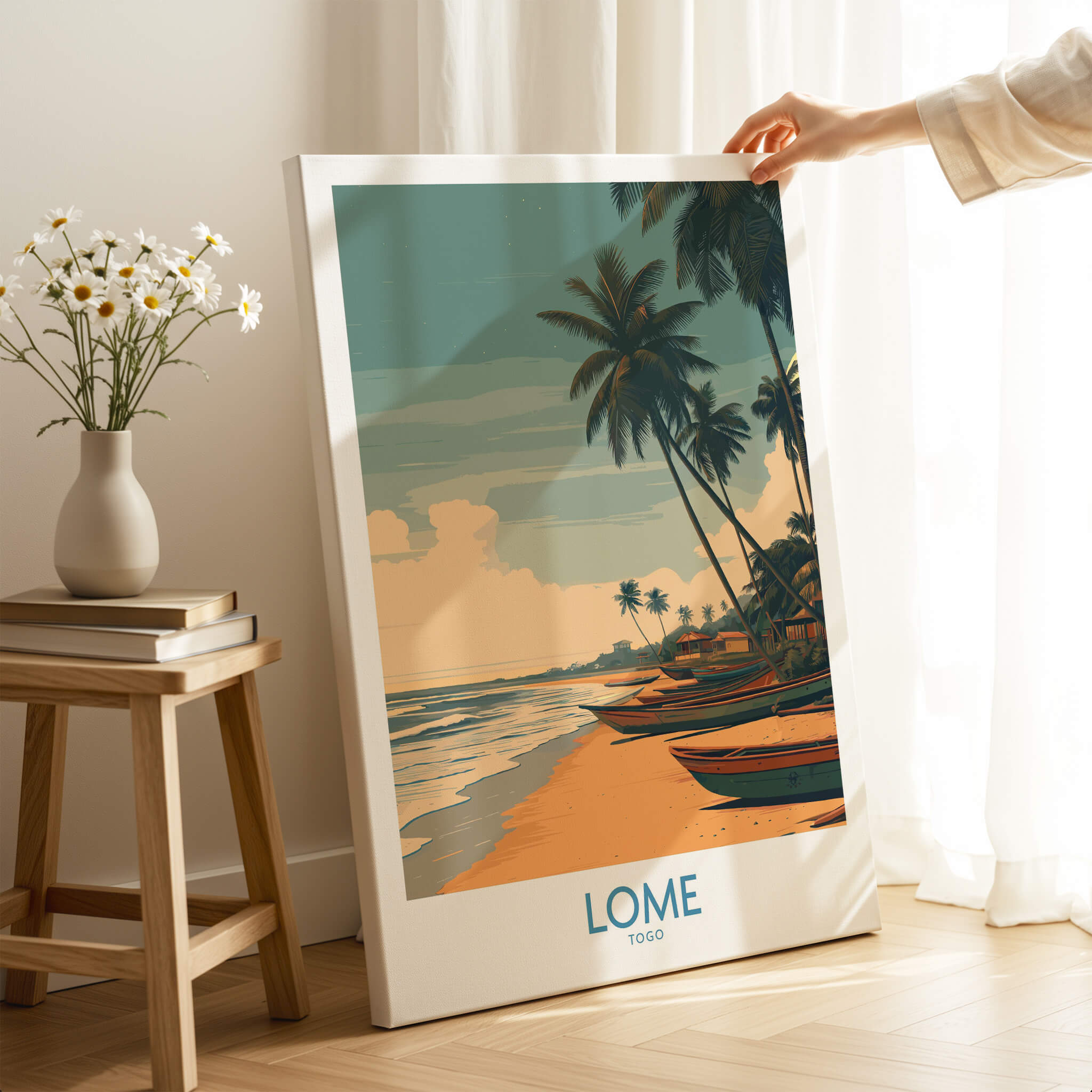 Lomé Togo Canvas Print | Palm Trees & Ocean View Poster depicting a serene beach scene with palm trees and boats.