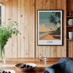 Lomé Togo Canvas Print | Palm Trees & Ocean View Poster displayed in a cozy interior with wooden walls.