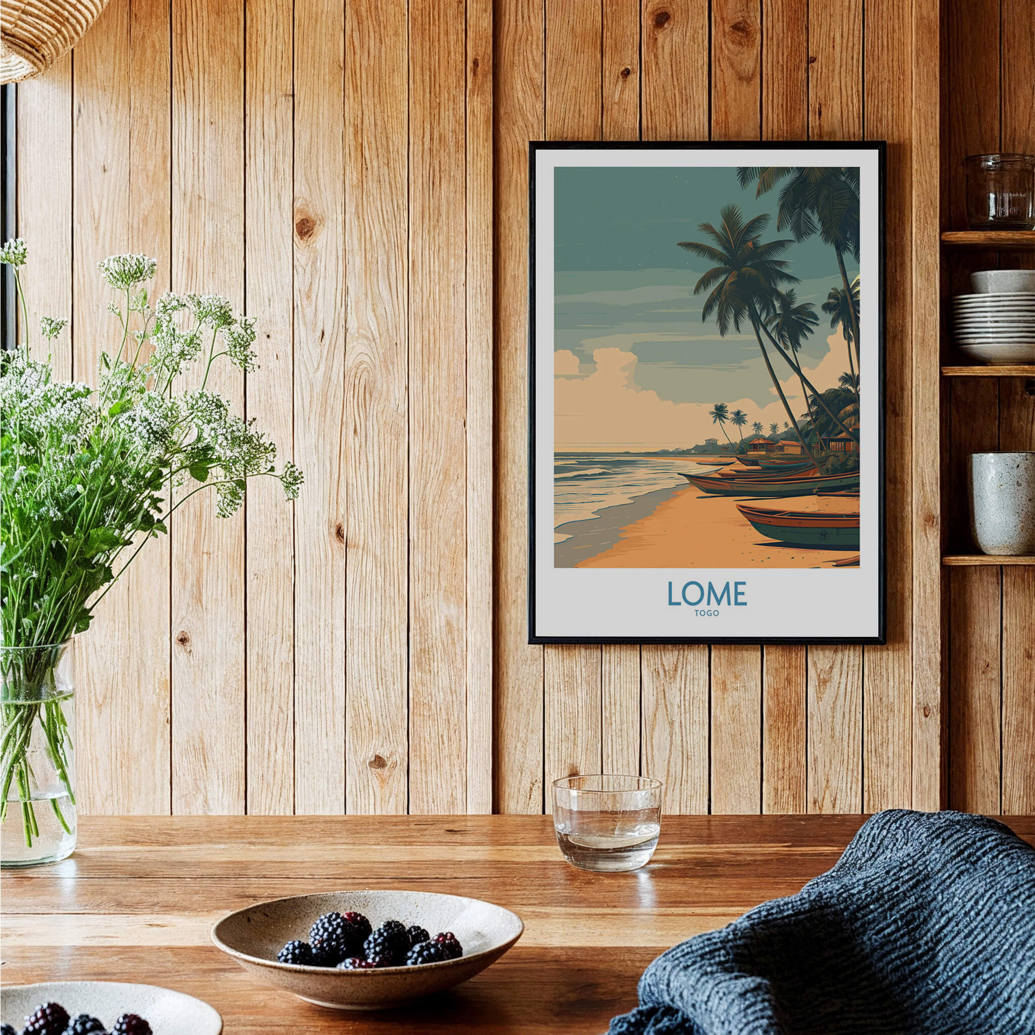 Lomé Togo Canvas Print | Palm Trees & Ocean View Poster displayed in a cozy interior with wooden walls.