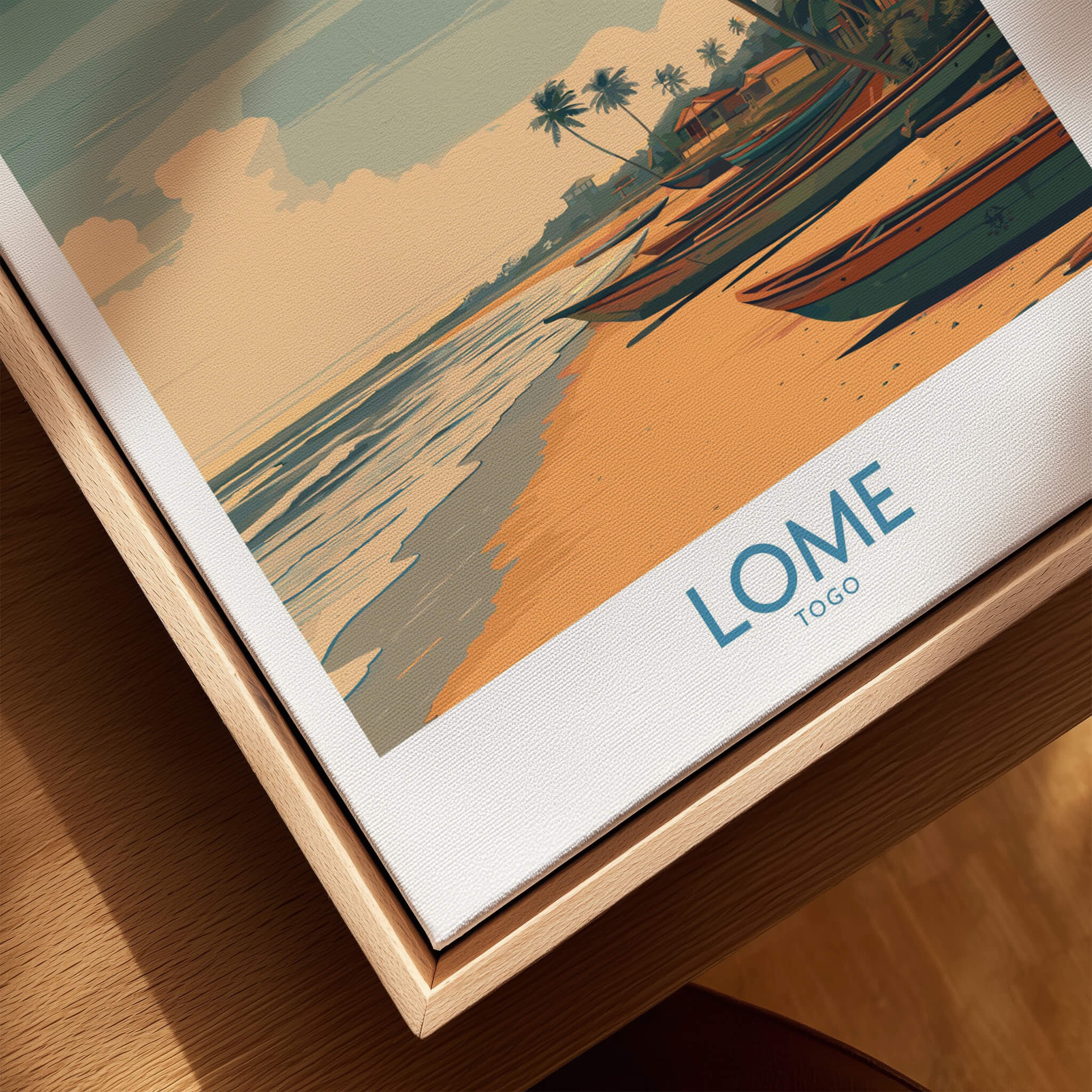 Lomé Togo Canvas Print | Palm Trees & Ocean View Poster showcasing serene beach scene with boats and palm trees.