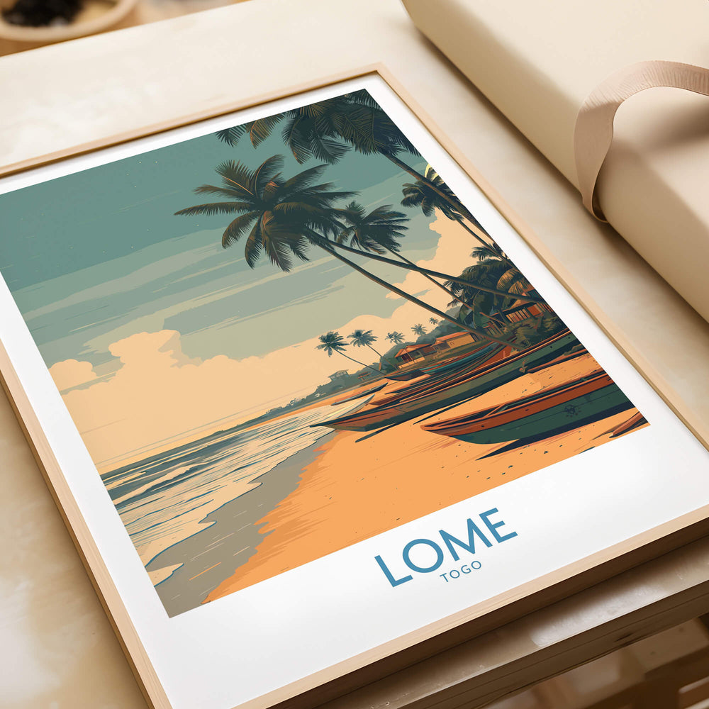 Lomé Togo Canvas Print | Palm Trees & Ocean View Poster showcasing serene beach scene with palm trees and colorful boats.
