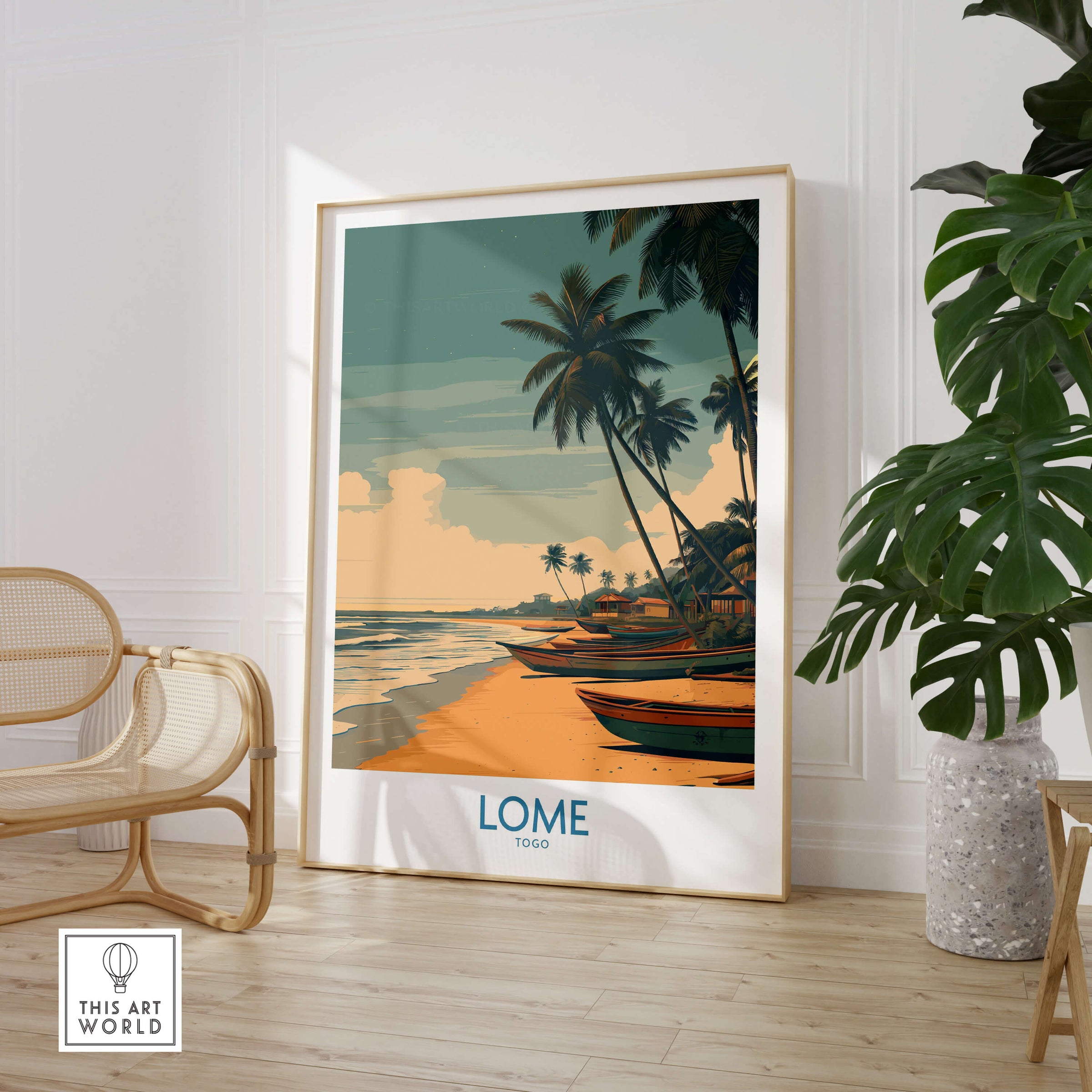 Lomé Togo Canvas Print | Palm Trees & Ocean View Poster displayed in a modern room with coastal decor