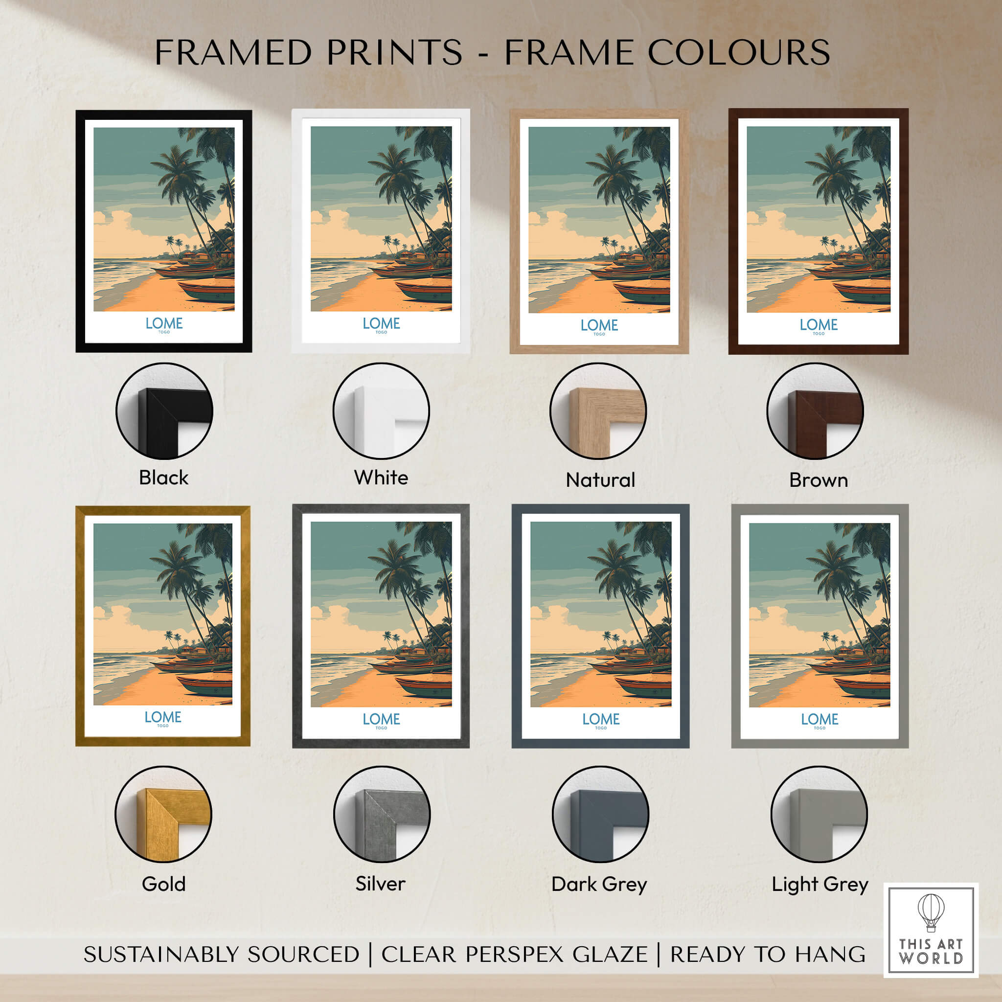 Lomé Togo Canvas Print | Palm Trees & Ocean View Poster framed color options including black, white, natural, brown, gold, and silver.