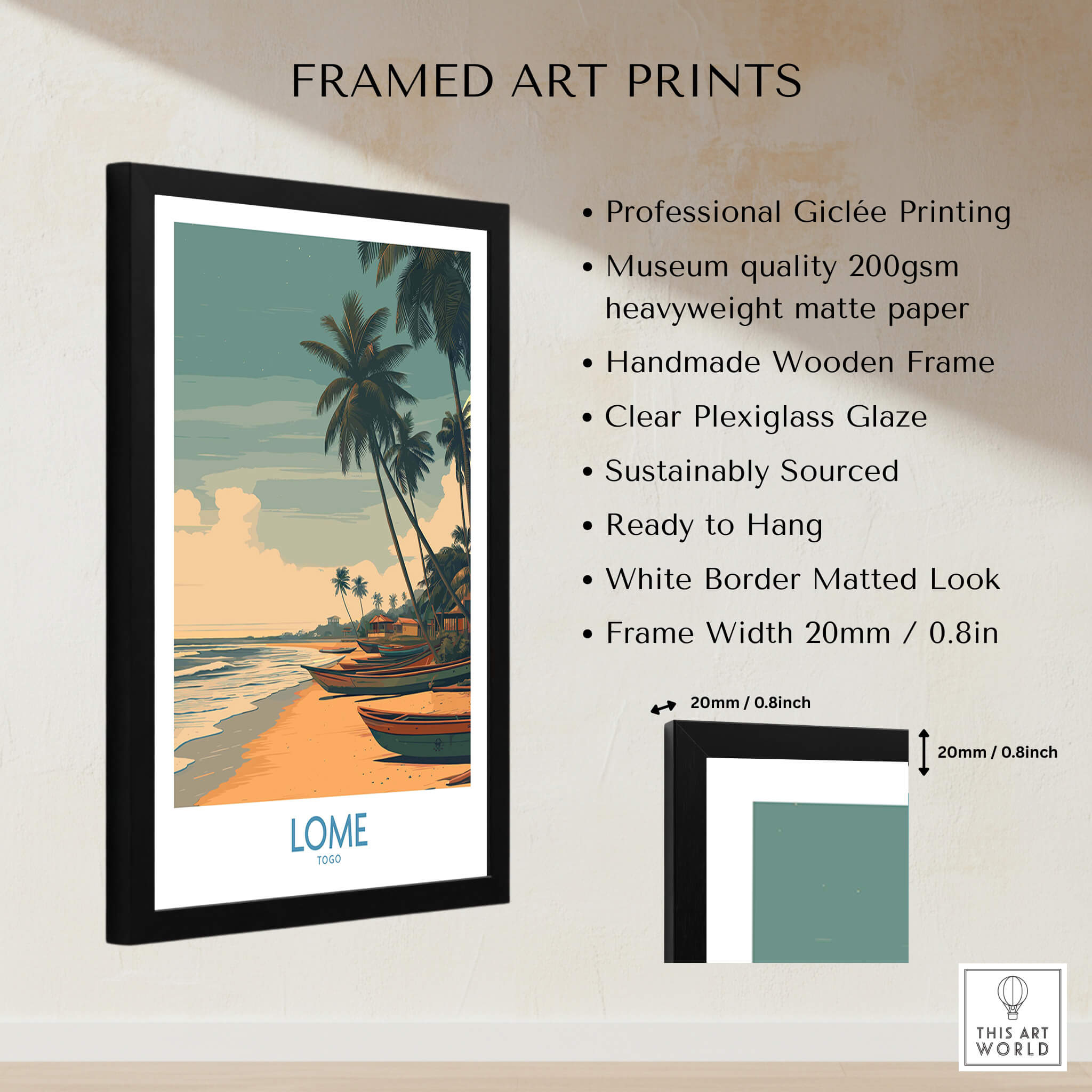 Lomé Togo Canvas Print | Palm Trees & Ocean View Poster featuring framed art print with vibrant palm and ocean scene.
