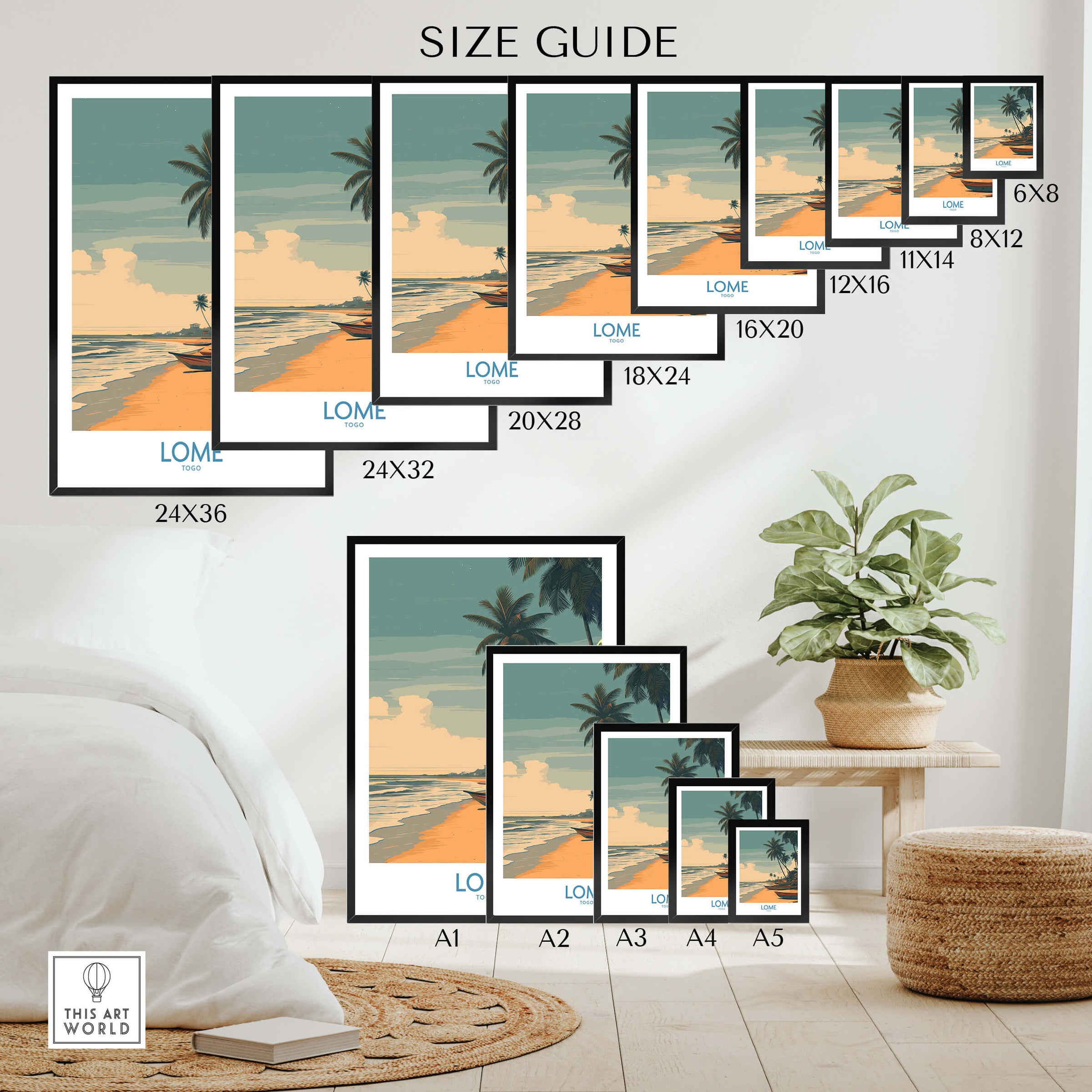 Lomé Togo Canvas Print | Palm Trees & Ocean View Poster size guide showcasing various print dimensions.