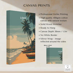 Lomé Togo Travel Poster | Sunset Shoreline Wall Art Print displayed on a canvas with palm trees and fishing boats.