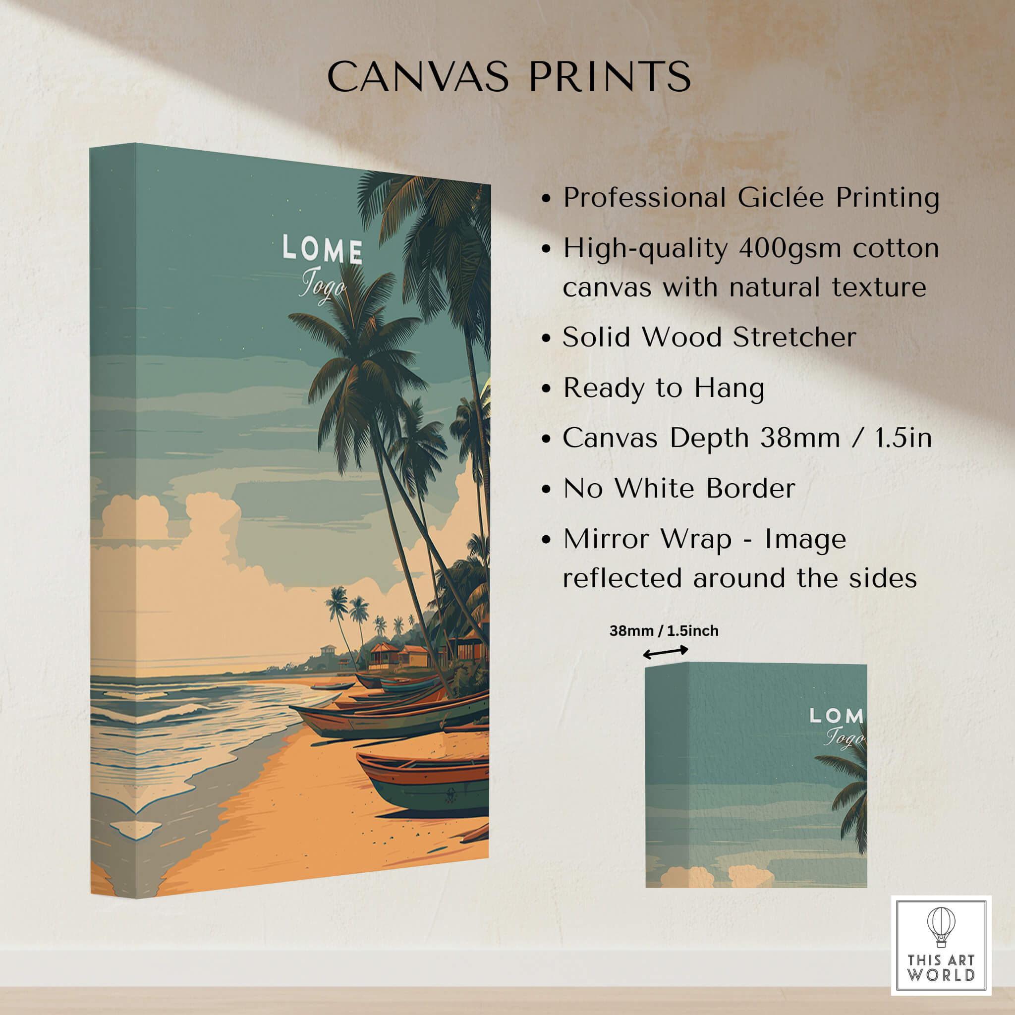 Lomé Togo Travel Poster | Sunset Shoreline Wall Art Print displayed on a canvas with palm trees and fishing boats.