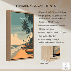 Lomé Togo Travel Poster | Sunset Shoreline Wall Art Print displayed in a professional framed canvas format.