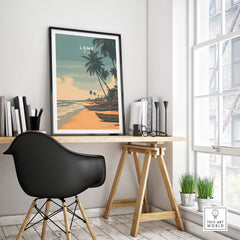 Lomé Togo Travel Poster | Sunset Shoreline Wall Art Print displayed in a stylish interior with a desk and chair.