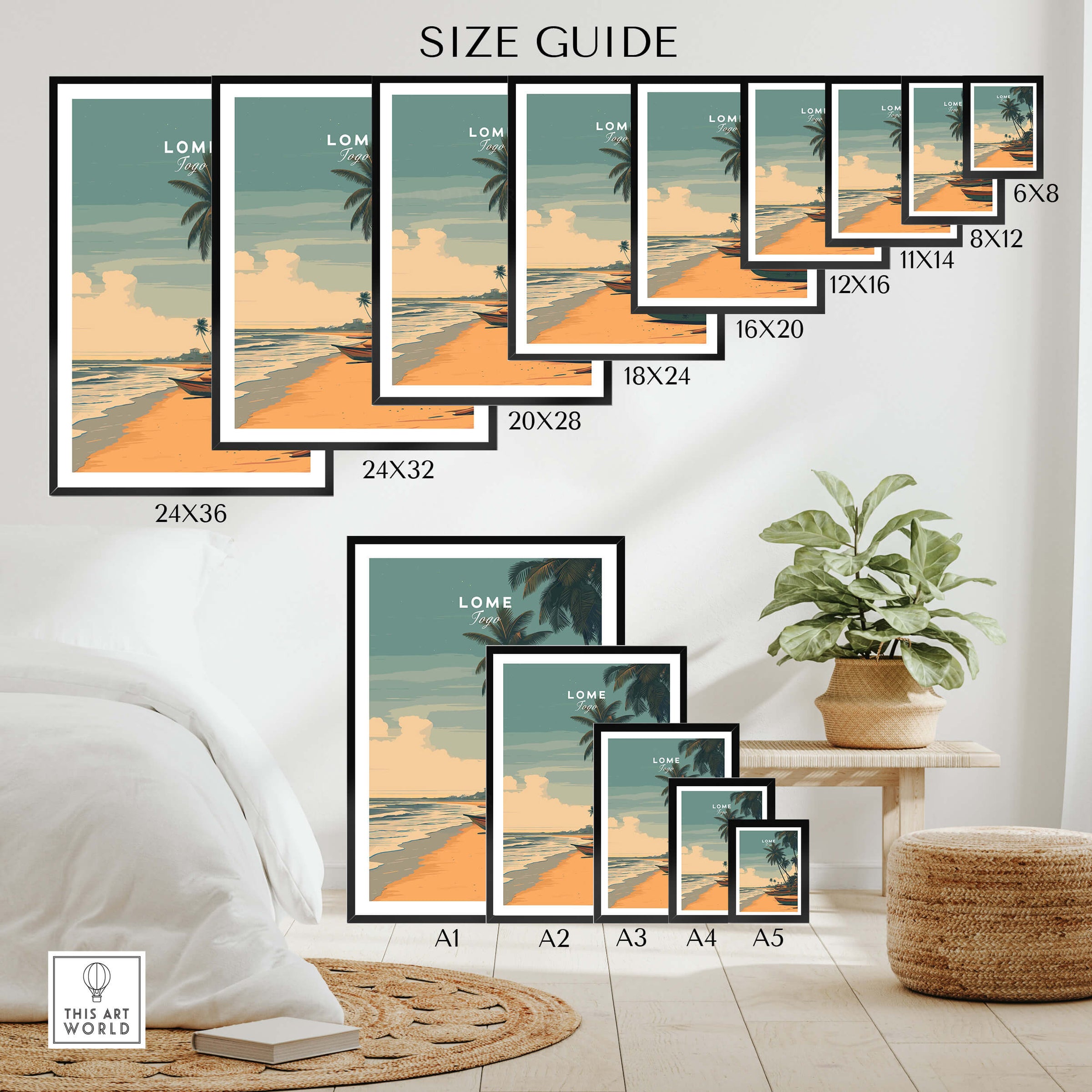 Lomé Togo Travel Poster | Sunset Shoreline Wall Art Print size guide showcasing various print dimensions.
