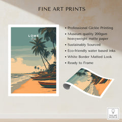 Lomé Togo Travel Poster | Sunset Shoreline Wall Art Print featuring traditional boats and palm trees.