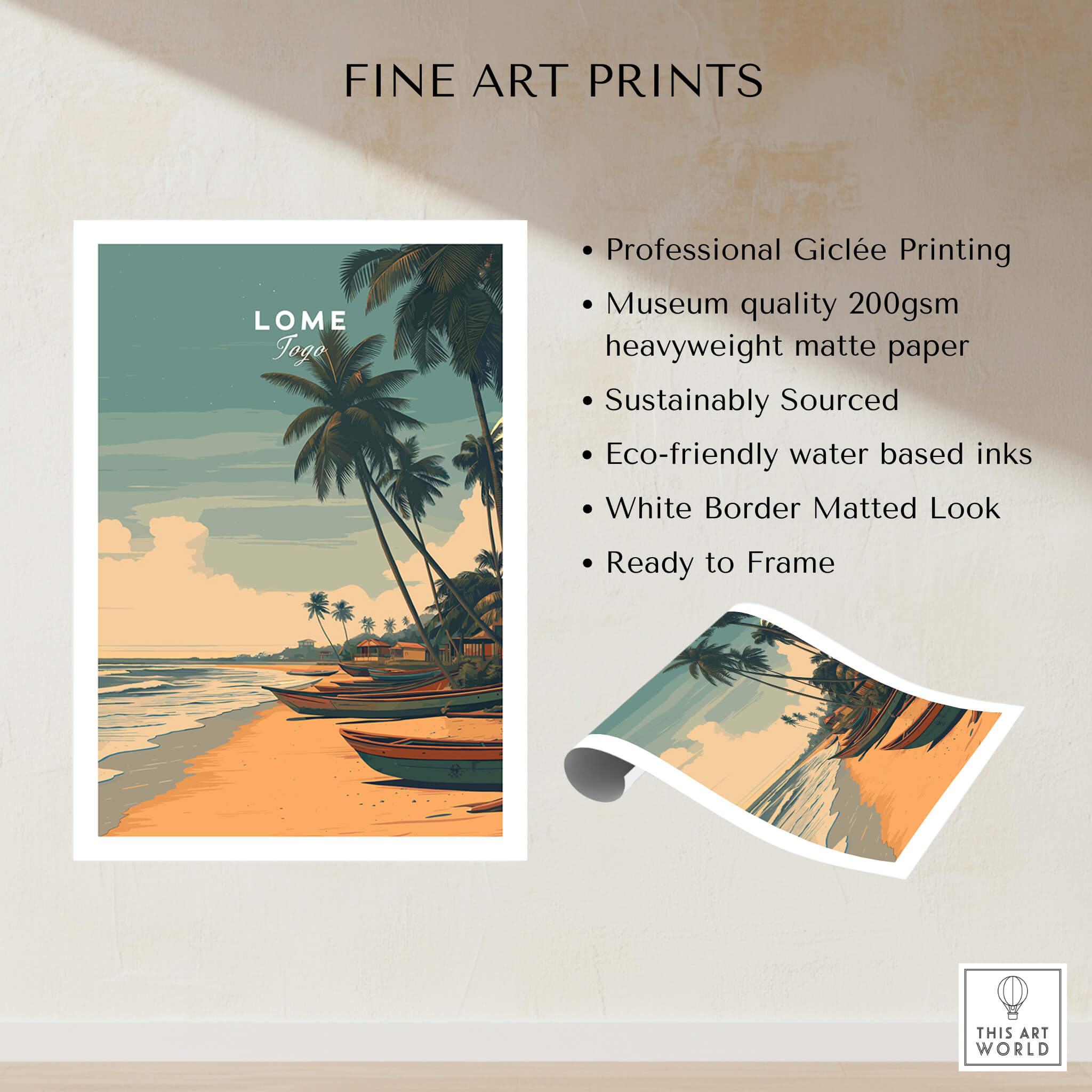 Lomé Togo Travel Poster | Sunset Shoreline Wall Art Print featuring traditional boats and palm trees.