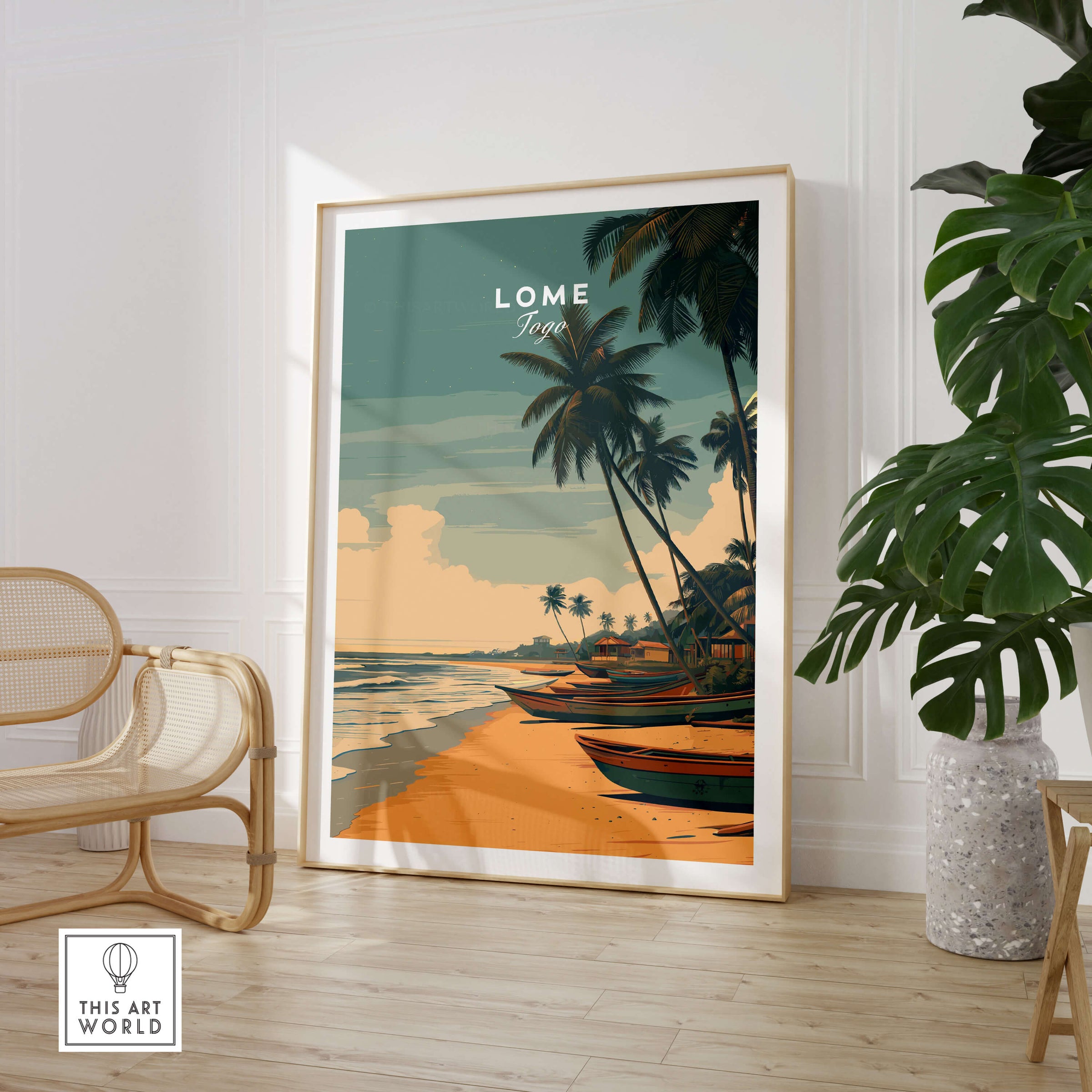 Lomé Togo Travel Poster | Sunset Shoreline Wall Art Print featuring palm trees and fishing boats on a beach.