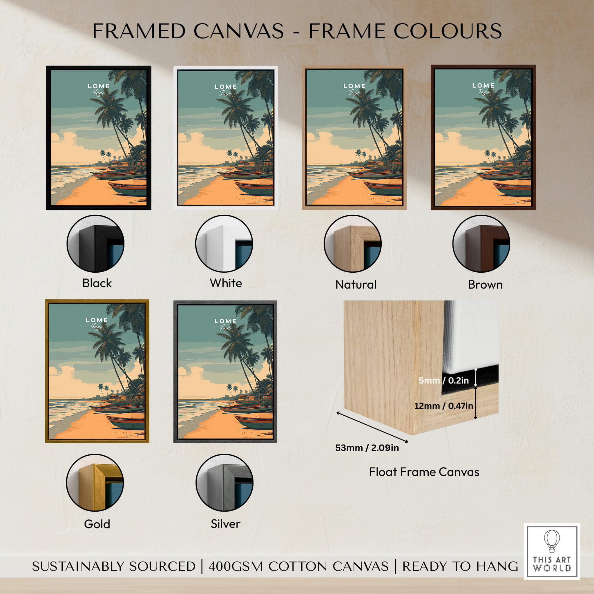 Lomé Togo Travel Poster | Sunset Shoreline Wall Art Print framed in various colors including black, white, natural, brown, gold, silver.