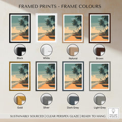 Lomé Togo Travel Poster | Sunset Shoreline Wall Art Print framed in various colors including black, white, natural, and brown.